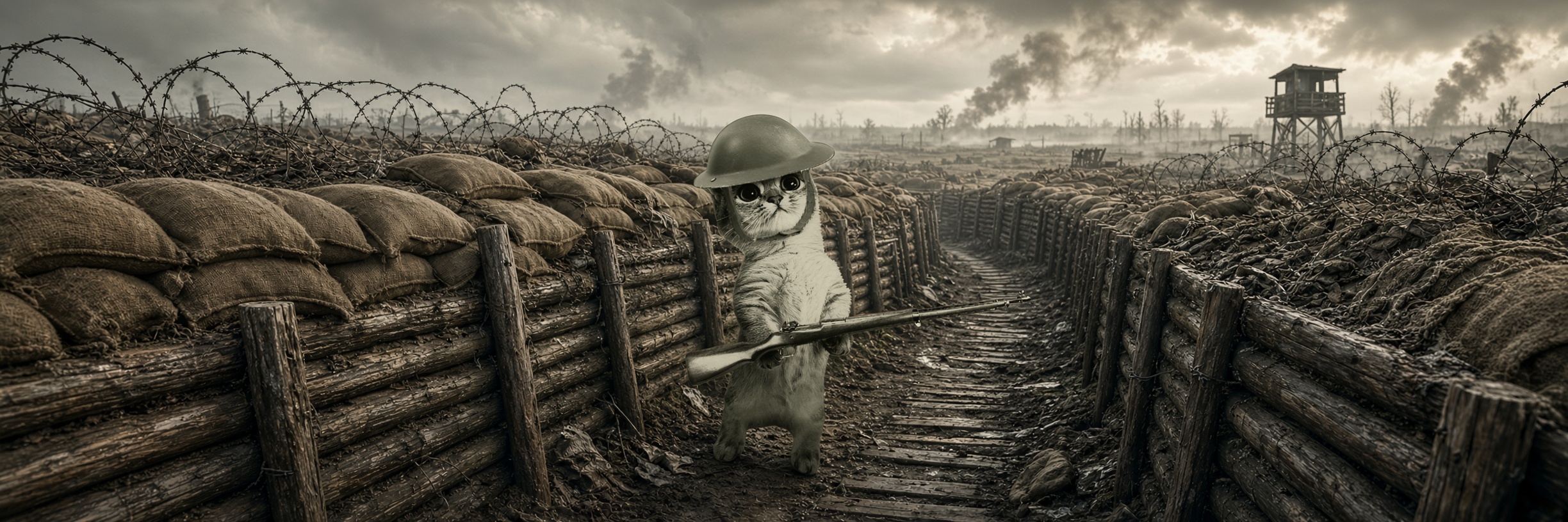 yumi umi, the trench cat, lit against a night sky